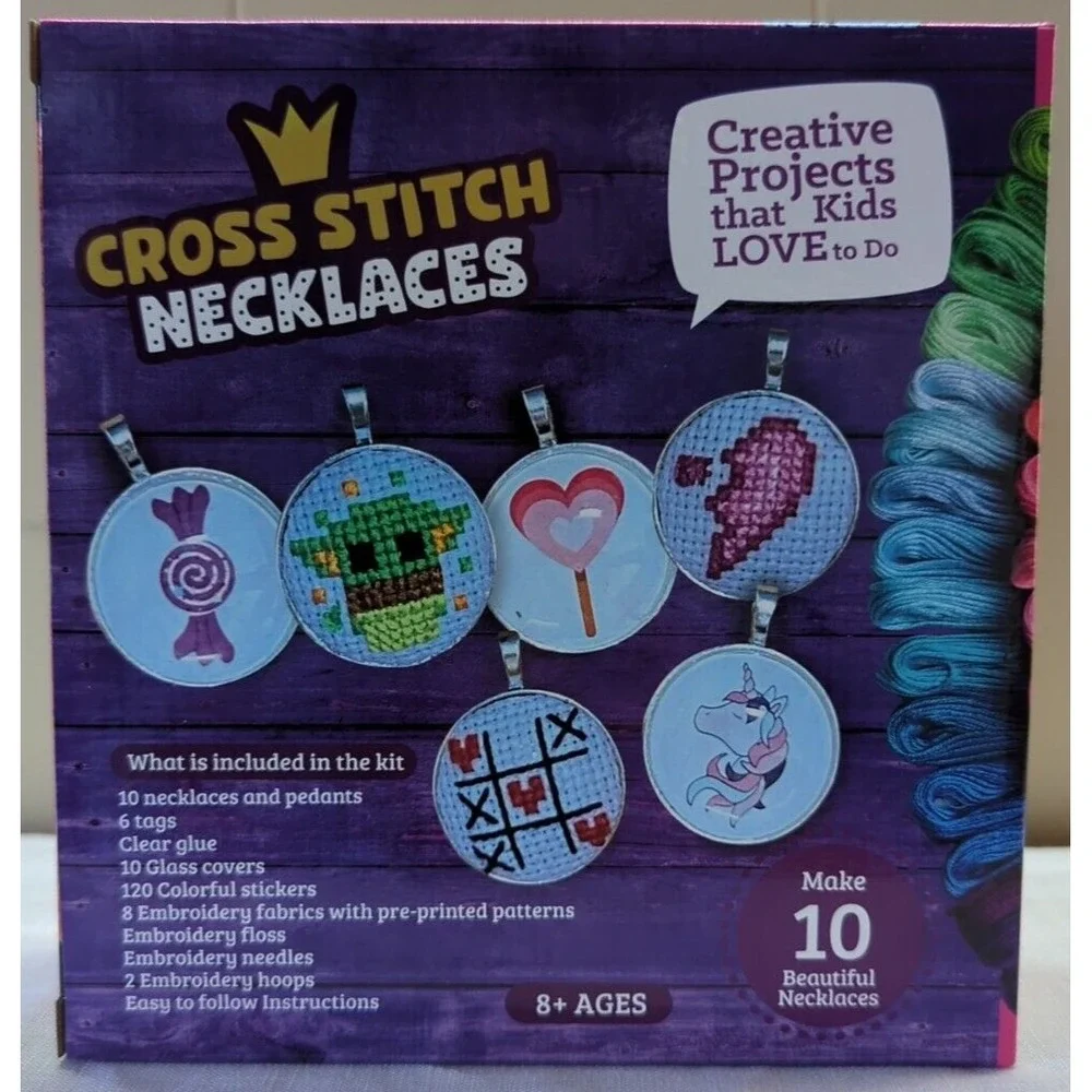Kid's Cross Stitch Necklaces DIY Kit by Craftiloo, Makes 10 - Incl. All You Need